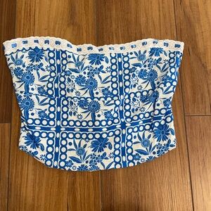 Floral Strapless Top in Blue and White